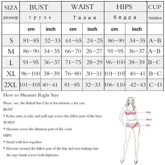 Size chart for women's clothing with measurements in centimeters and inches, including a diagram of how to measure bust, waist, and hips.