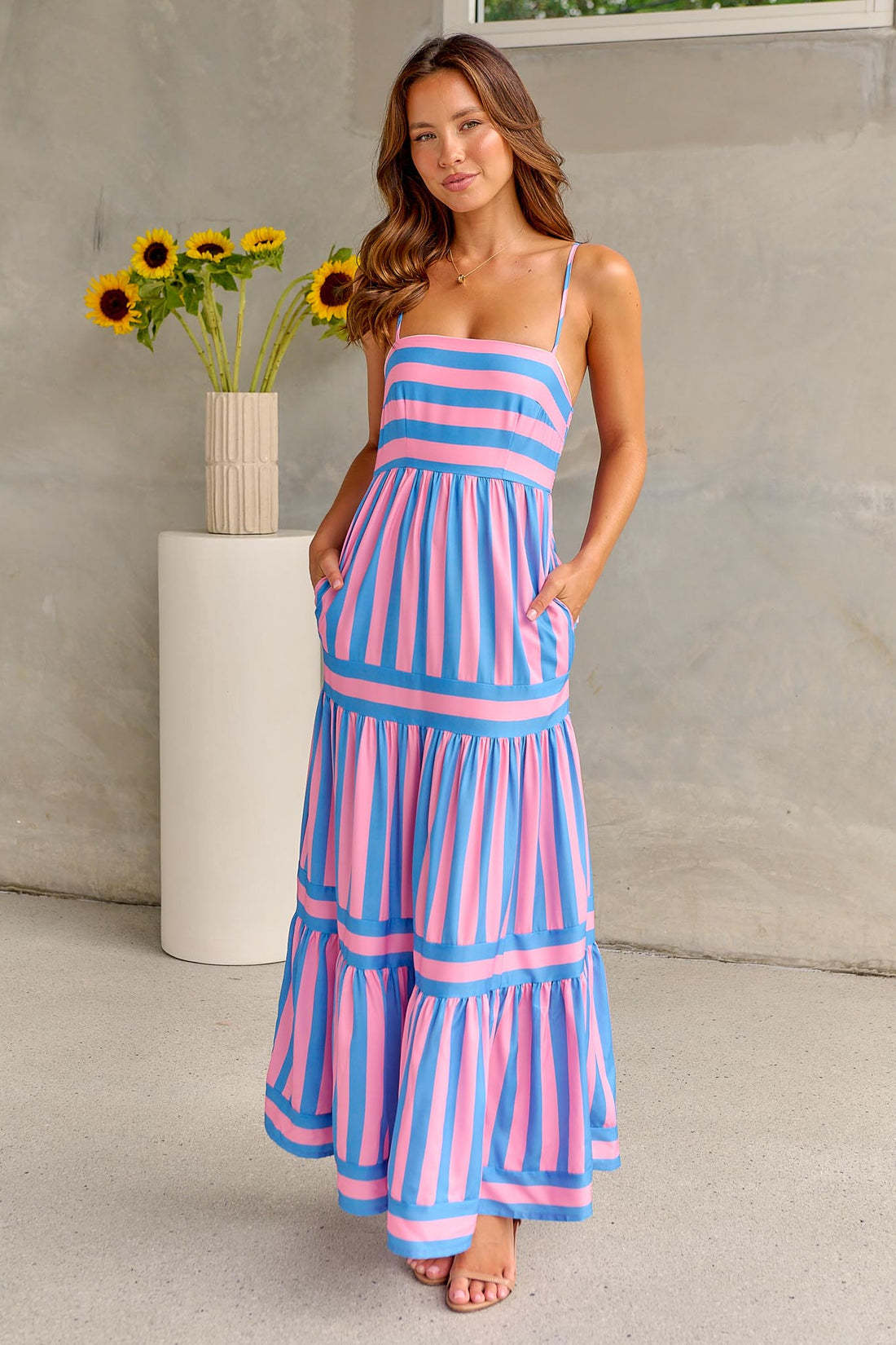 Printed Summer Dress Suspender Long Dress With Pockets