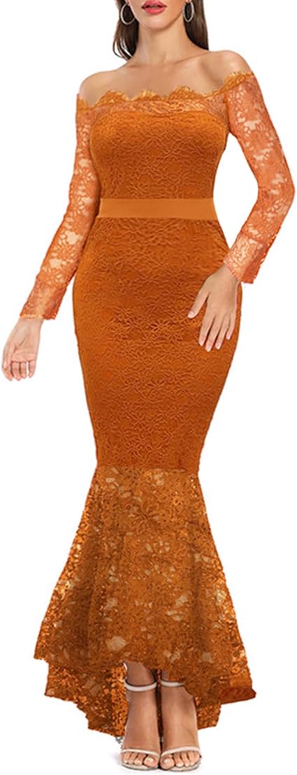 Women's Floral Lace Long Sleeve Off Shoulder Wedding Mermaid Dress