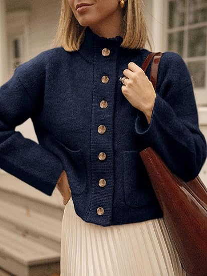 Knit Cardigan Sweaters Button Down Mock Neck Open Front Jacket Winter Casual Outerwear with Pockets