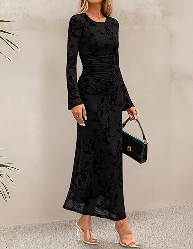 Women's Long Sleeve Floral Bodycon Dress 2026 Spring Fall Ruched Mesh Wedding Guest Cocktail Party Maxi Dresses