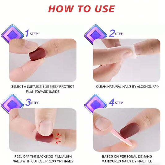 24 PCS Valentine's Day Press On Nails, French Tip Medium Square Wine Red Heart Fake Nails