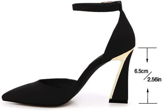 Black Closed Toe Heels Buckle Ankle Strap Heel Sandals.