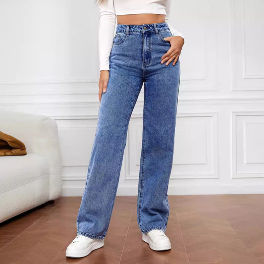 Mid Waist Jeans For Women Washed Fashion Straight Jeans.