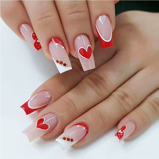 24 PCS Red And White Heart Nail Art, Long Length Long Water Pipe Fake Nails Valentine's Day Nails