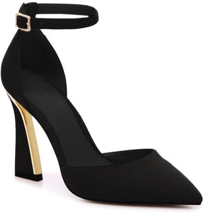 Black Closed Toe Heels Buckle Ankle Strap Heel Sandals.