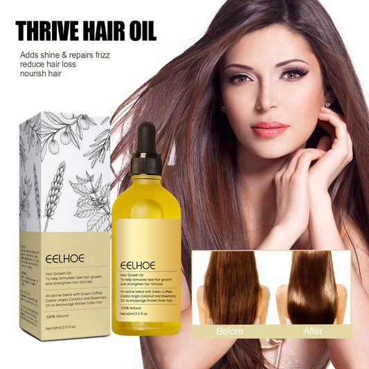 Eelhoe Thrive Hair Oil with packaging, bottle, and before/after images on a white background