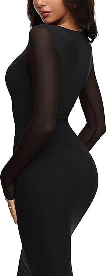 Women's Spring Mesh Sheer Long Sleeve Wedding Guest Dress Sexy Floral Bodycon Maxi Long Dresses