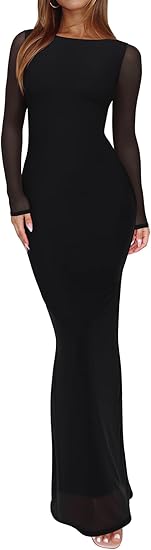 Women's Spring Mesh Sheer Long Sleeve Wedding Guest Dress Sexy Floral Bodycon Maxi Long Dresses