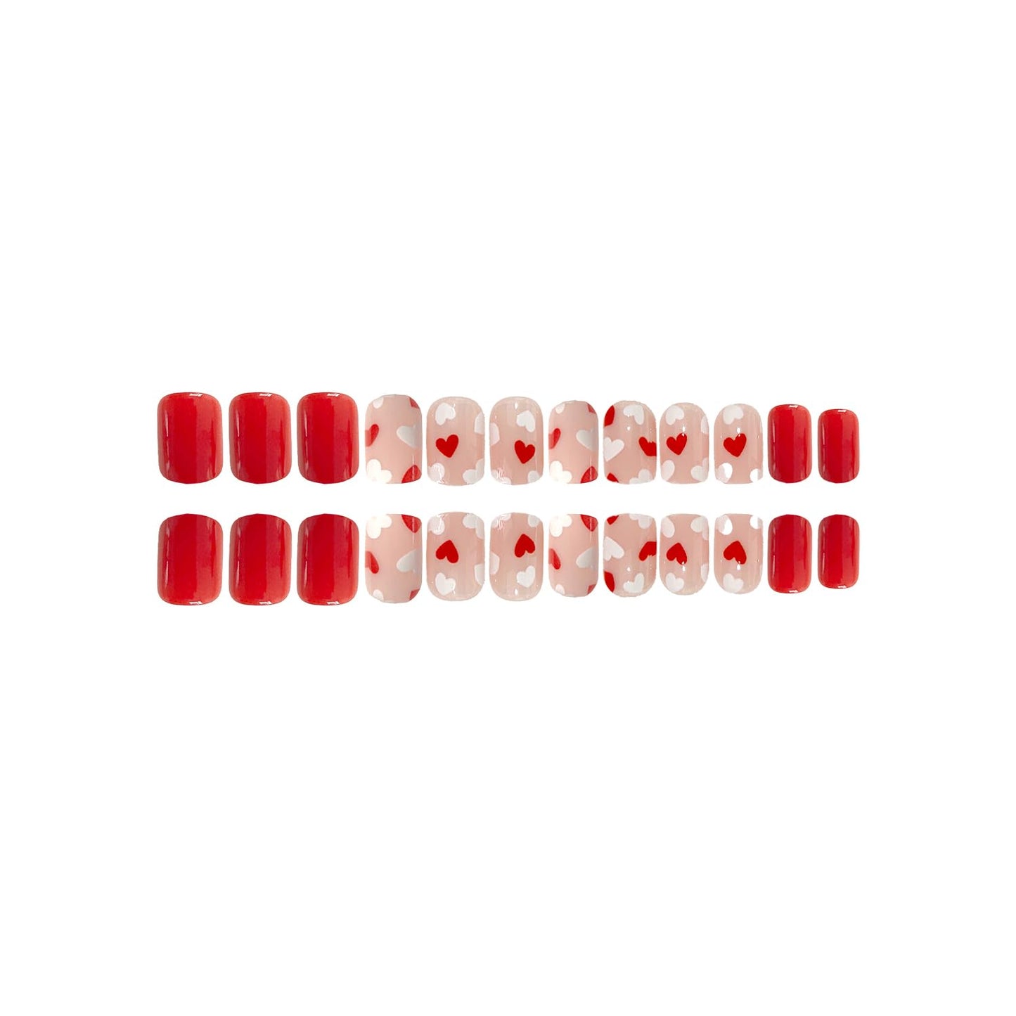 Heart Press on Nails Short Square Valentines Fake Petite Red Stick on Full Cover False With Red White Heart Designs Acrylic Glossy