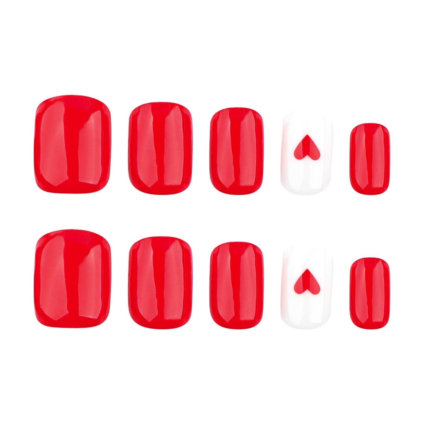Heart Press on Nails Short Square Valentines Fake Petite Red Stick on Full Cover False With Red White Heart Designs Acrylic Glossy
