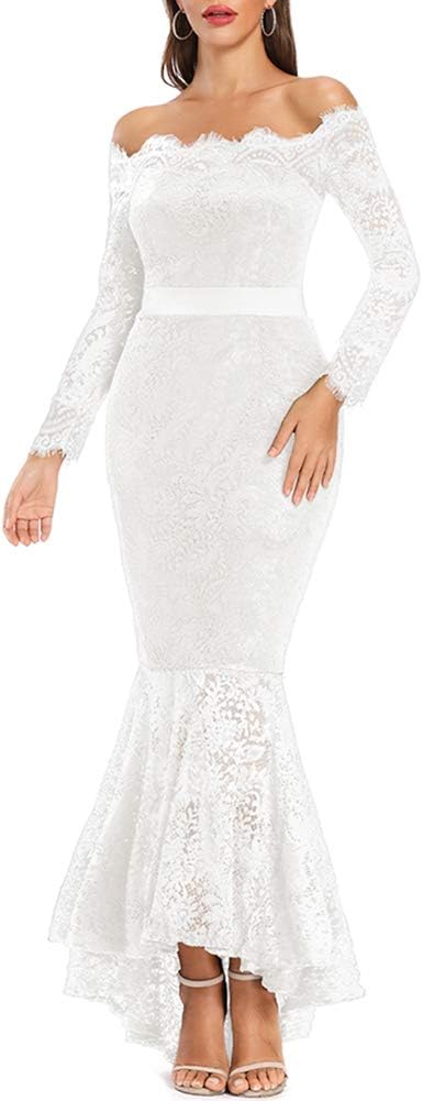 Women's Floral Lace Long Sleeve Off Shoulder Wedding Mermaid Dress