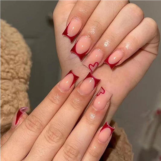 24 PCS Valentine's Day Press On Nails, French Tip Medium Square Wine Red Heart Fake Nails
