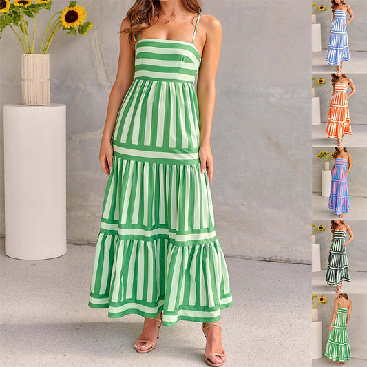 Printed Summer Dress Suspender Long Dress With Pockets