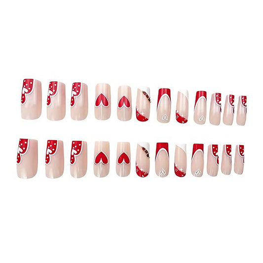 24 PCS Red And White Heart Nail Art, Long Length Long Water Pipe Fake Nails Valentine's Day Nails