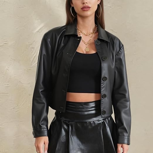 Cropped Faux Leather Bomber Jacket for Women