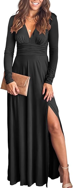 Women Summer Dresses Deep V Neck Summer Maxi Dress with Slit in black, showcasing a stylish and elegant look.