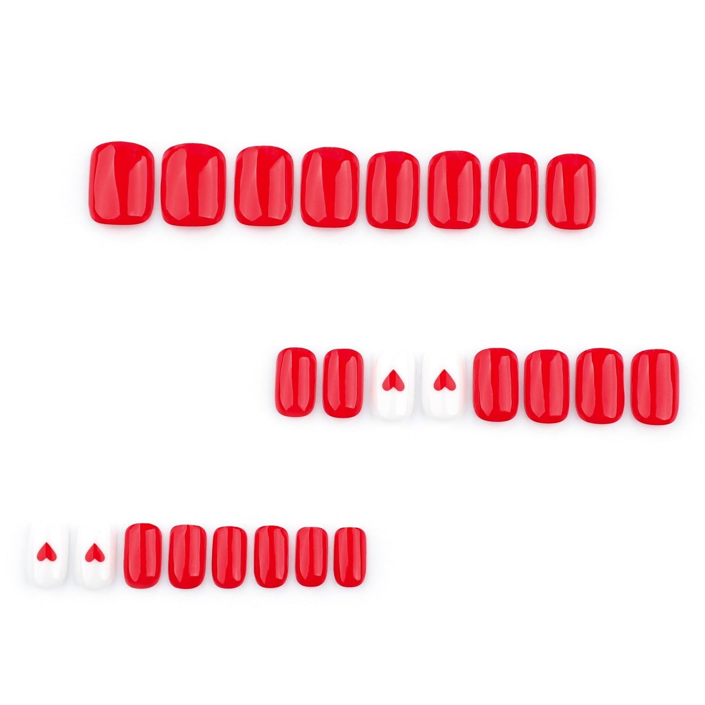 Heart Press on Nails Short Square Valentines Fake Petite Red Stick on Full Cover False With Red White Heart Designs Acrylic Glossy