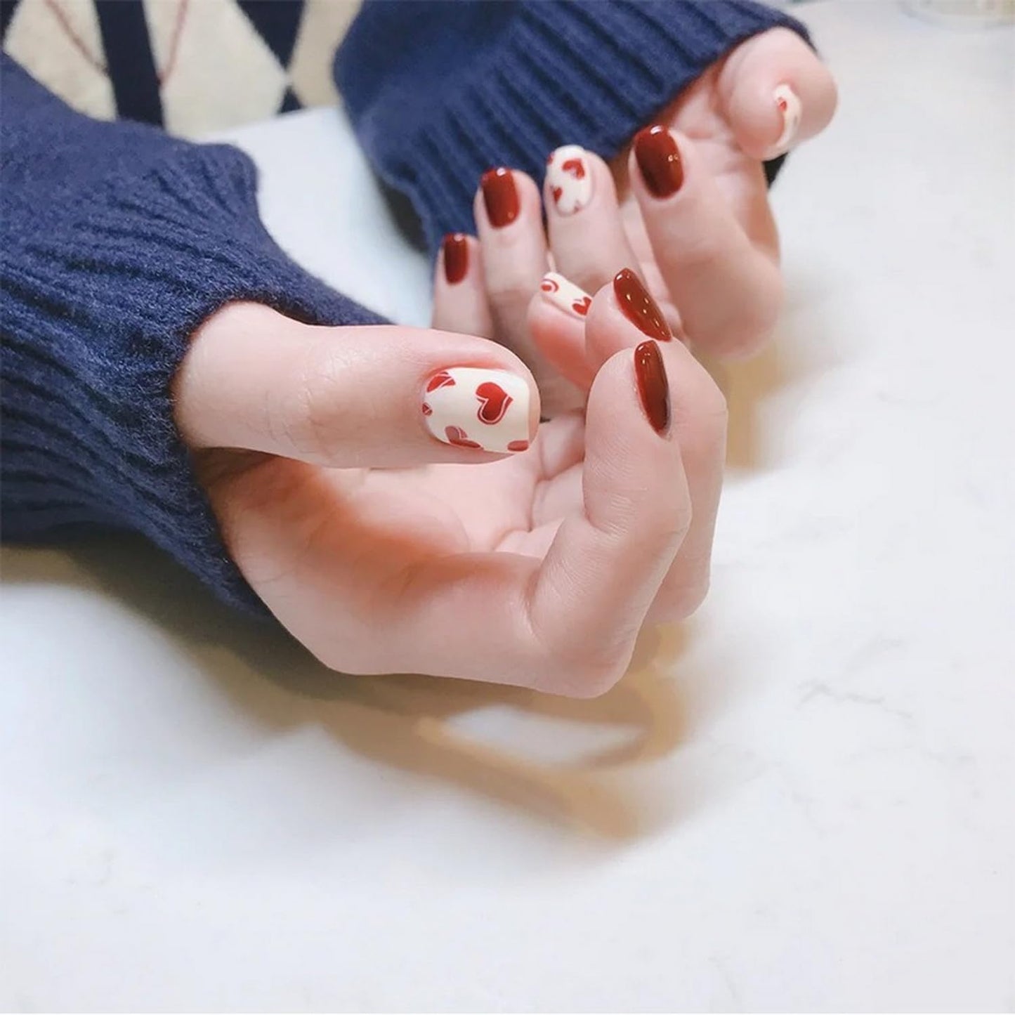 Heart Press on Nails Short Square Valentines Fake Petite Red Stick on Full Cover False With Red White Heart Designs Acrylic Glossy