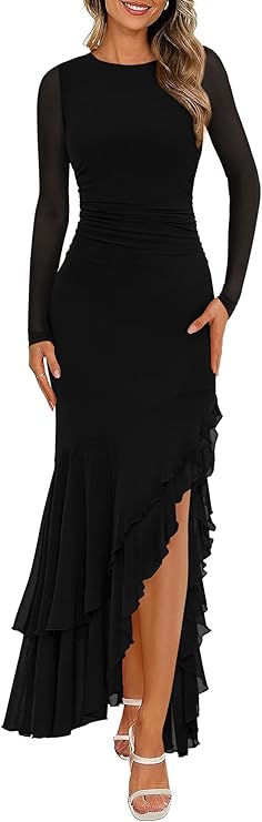 Women's Maxi Dresses Spring 2026 Long Sleeve Ruched Bodycon Solid Ruffle Mermaid Cocktail Wedding Guest Dress