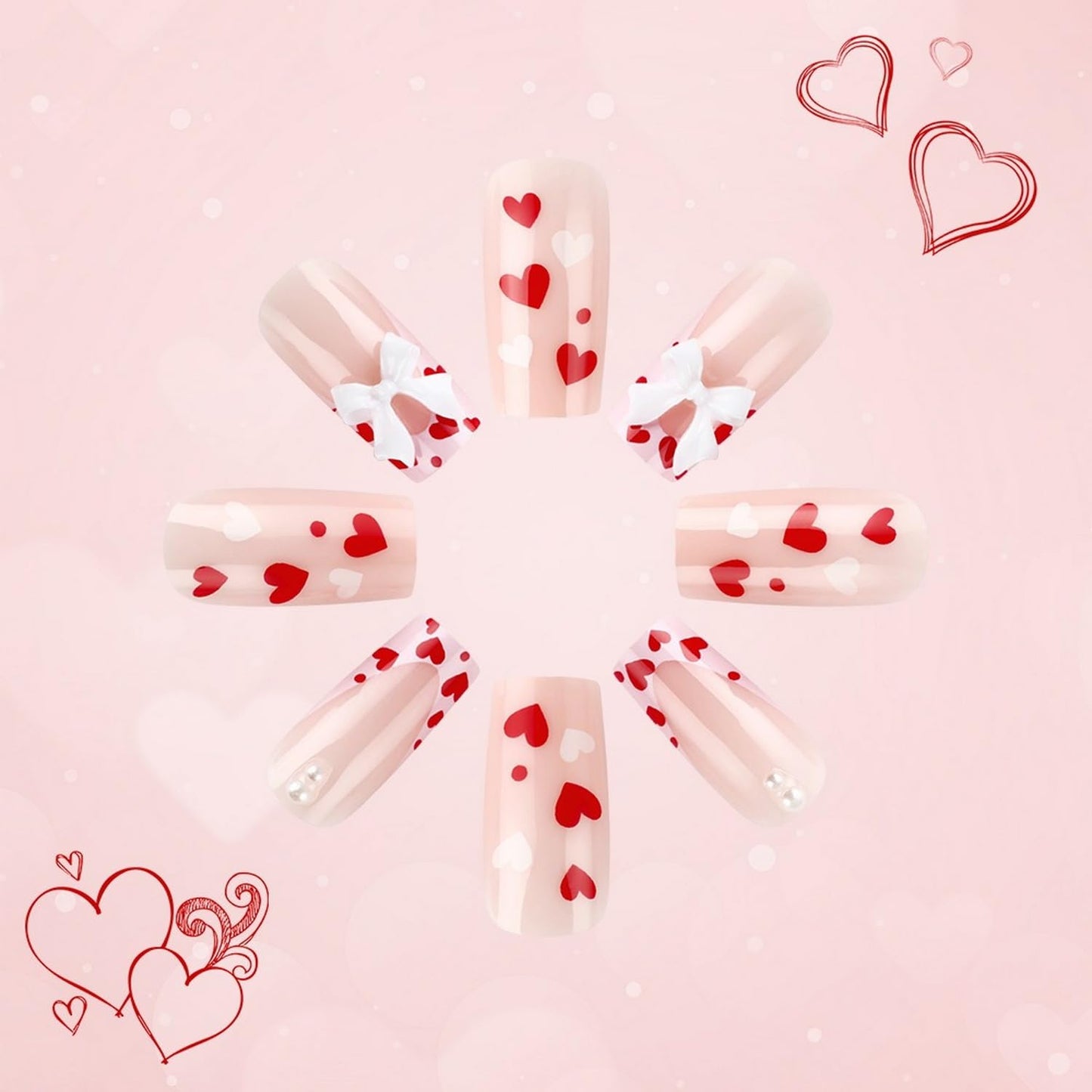 Heart Press on Nails Short Square Valentines Fake Petite Red Stick on Full Cover False With Red White Heart Designs Acrylic Glossy