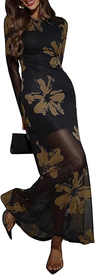Women's Floral Mesh Maxi Dresses Elegant Formal Long Sleeve Spring Wedding Guest Dress Cocktail