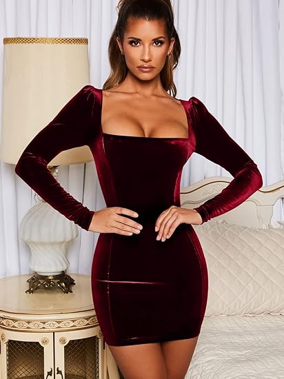 Womens Sexy Velvet Long Sleeve Bodycon Elegant Mini Party Dress