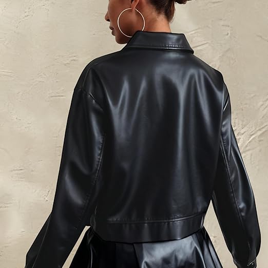 Cropped Faux Leather Bomber Jacket for Women