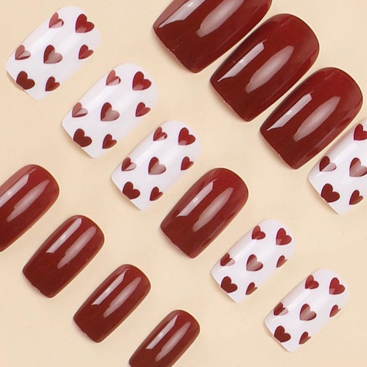 Heart Press on Nails Short Square Valentines Fake Petite Red Stick on Full Cover False With Red White Heart Designs Acrylic Glossy