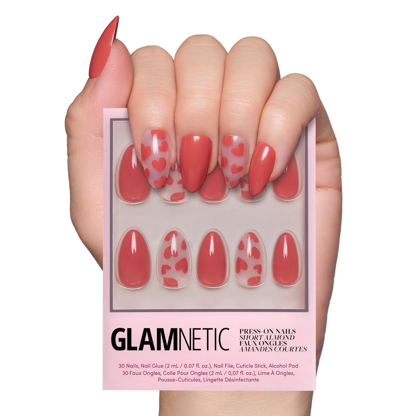 Valentines Day Glamnetic Press On Nails - Ruby Ribbons | Short Almond Fake Nails with Red French Tips & 3D Bows in a Glossy Finish
