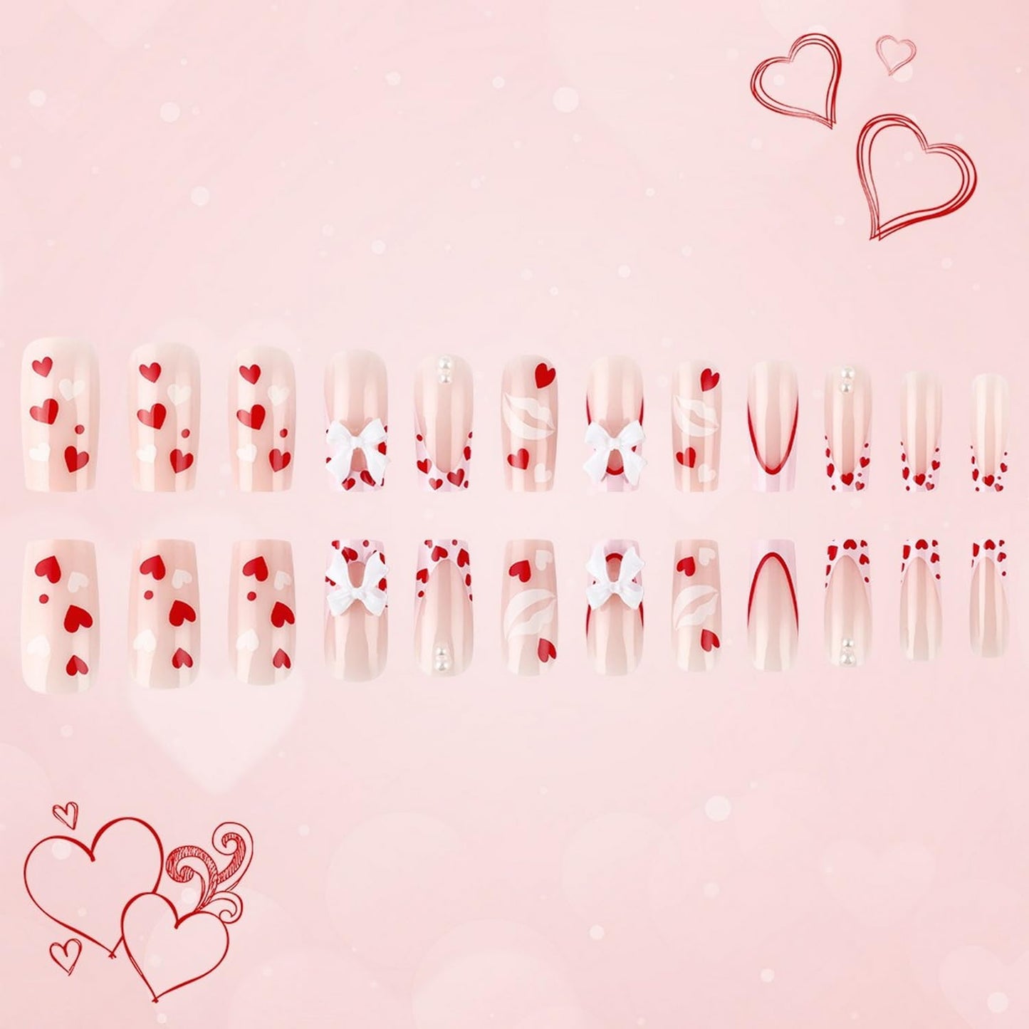 Heart Press on Nails Short Square Valentines Fake Petite Red Stick on Full Cover False With Red White Heart Designs Acrylic Glossy