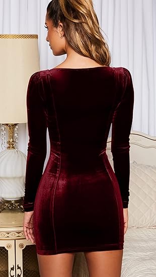 Womens Sexy Velvet Long Sleeve Bodycon Elegant Mini Party Dress