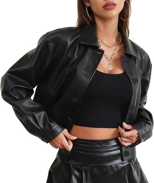 Cropped Faux Leather Bomber Jacket for Women