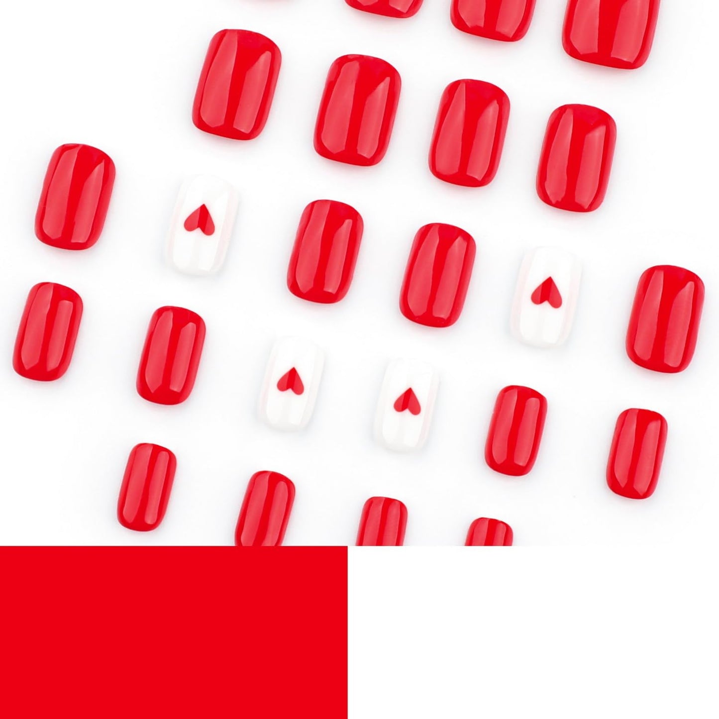 Heart Press on Nails Short Square Valentines Fake Petite Red Stick on Full Cover False With Red White Heart Designs Acrylic Glossy