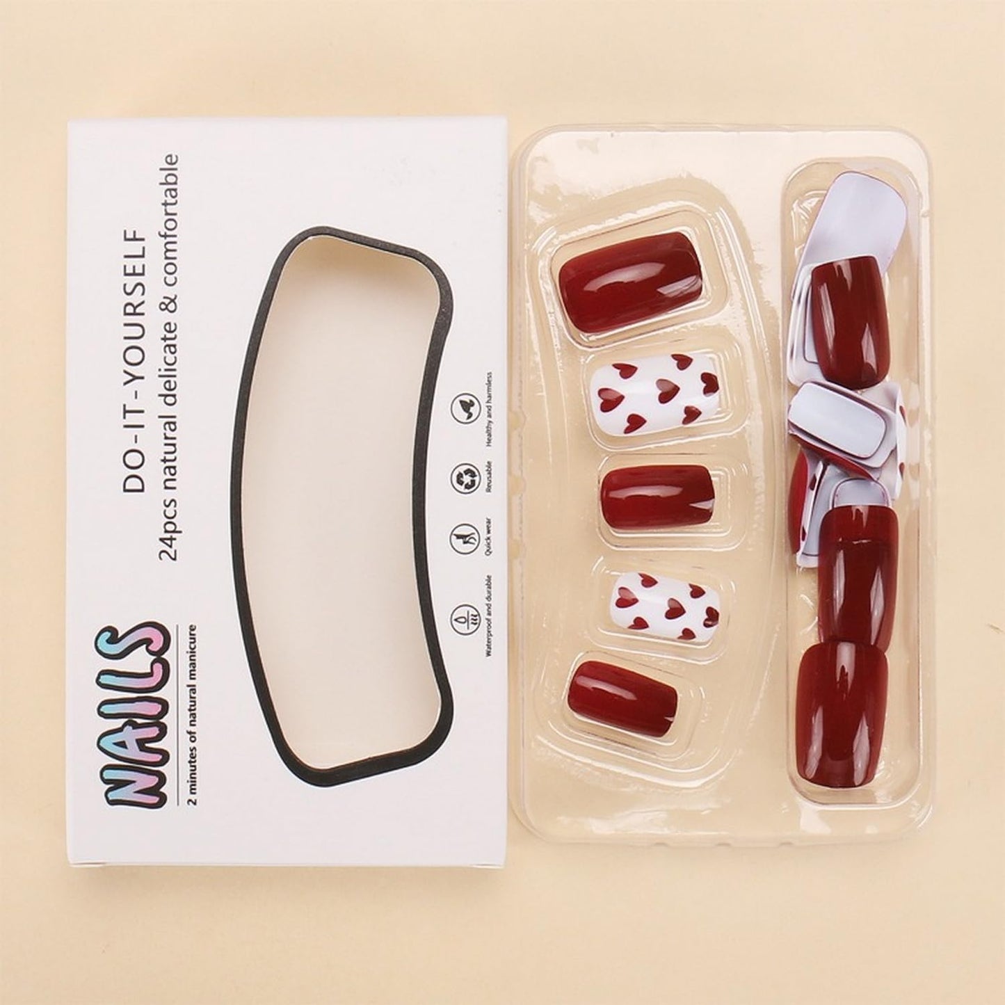 Heart Press on Nails Short Square Valentines Fake Petite Red Stick on Full Cover False With Red White Heart Designs Acrylic Glossy