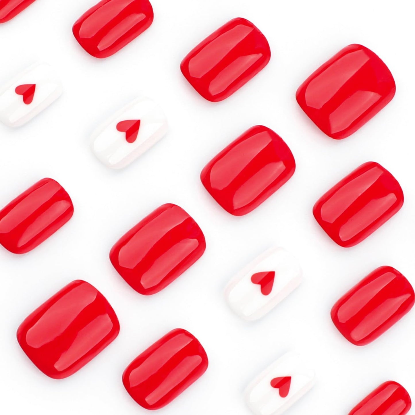 Heart Press on Nails Short Square Valentines Fake Petite Red Stick on Full Cover False With Red White Heart Designs Acrylic Glossy