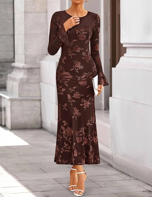 Women's 2026 Bell Long Sleeve Floral Maxi Dress Spring Fashion Bodycon Mesh Wedding Guest Cocktail Party Dresses