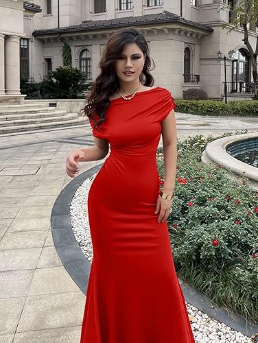 Women's Elegant Dress Off Shoulder Bodycon Evening for Women in red, elegantly styled in an outdoor setting.