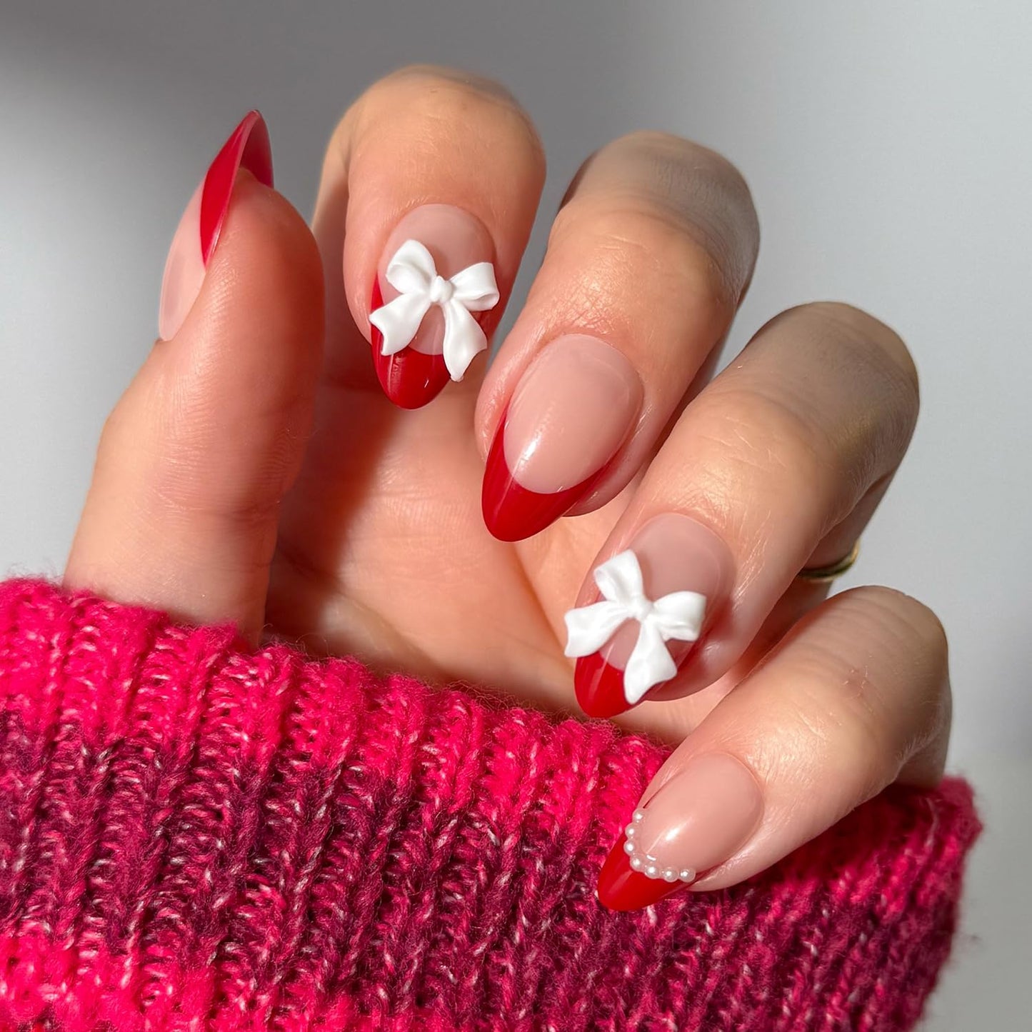 Valentines Day Glamnetic Press On Nails - Ruby Ribbons | Short Almond Fake Nails with Red French Tips & 3D Bows in a Glossy Finish