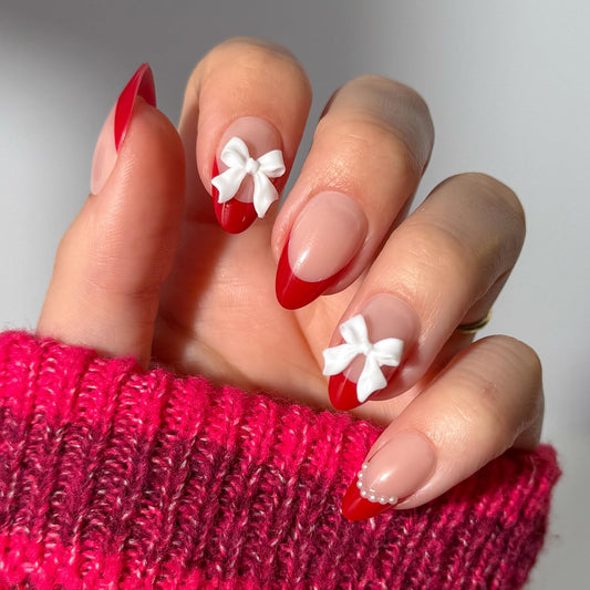 Valentines Day Glamnetic Press On Nails - Ruby Ribbons | Short Almond Fake Nails with Red French Tips & 3D Bows in a Glossy Finish