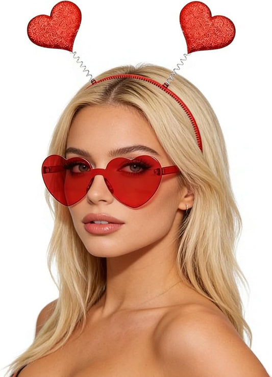 Valentine Heart Headband & Heart Sunglasses Set, Red Heart Party Accessories with Fringe
