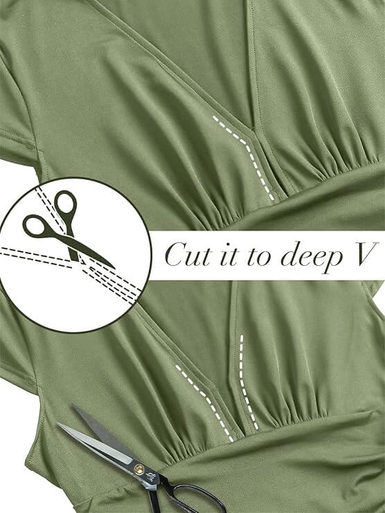 Women Summer Dresses deep V neck design instructions with scissors and fabric shown in green.