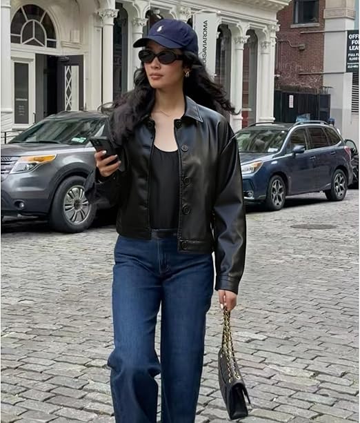 Cropped Faux Leather Bomber Jacket for Women