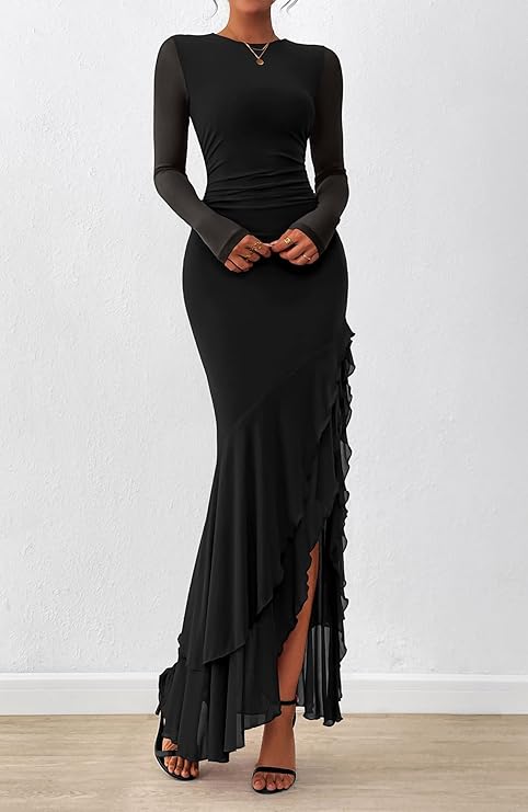 Women's Maxi Dresses Spring 2026 Long Sleeve Ruched Bodycon Solid Ruffle Mermaid Cocktail Wedding Guest Dress