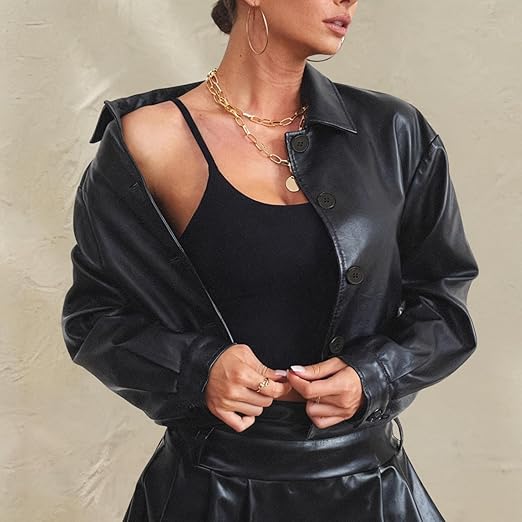 Cropped Faux Leather Bomber Jacket for Women