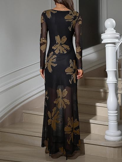 Women's Floral Mesh Maxi Dresses Elegant Formal Long Sleeve Spring Wedding Guest Dress Cocktail