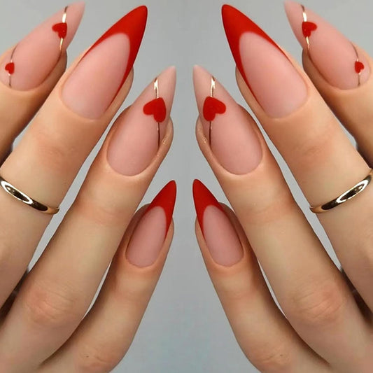 24pcs Valentine's Day Press on Nails Medium Almond Fake Nails with Red Heart & Golden Lines Designs Red French Tip Nails