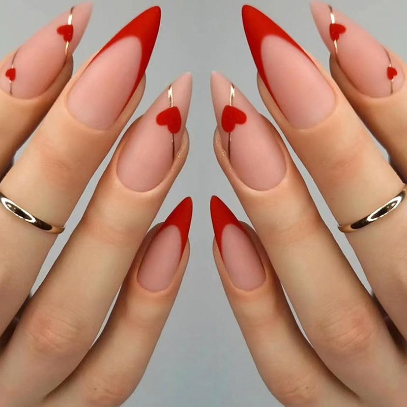 24pcs Valentine's Day Press on Nails Medium Almond Fake Nails with Red Heart & Golden Lines Designs Red French Tip Nails