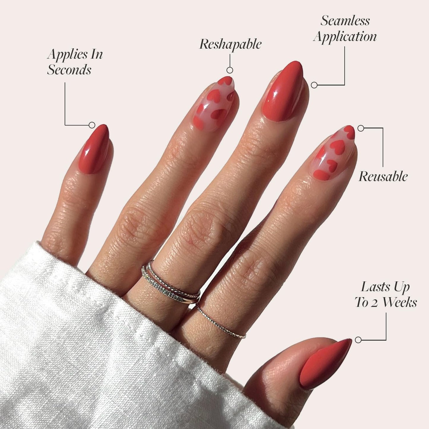 Valentines Day Glamnetic Press On Nails - Ruby Ribbons | Short Almond Fake Nails with Red French Tips & 3D Bows in a Glossy Finish