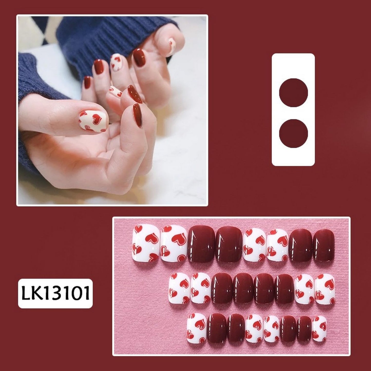Heart Press on Nails Short Square Valentines Fake Petite Red Stick on Full Cover False With Red White Heart Designs Acrylic Glossy